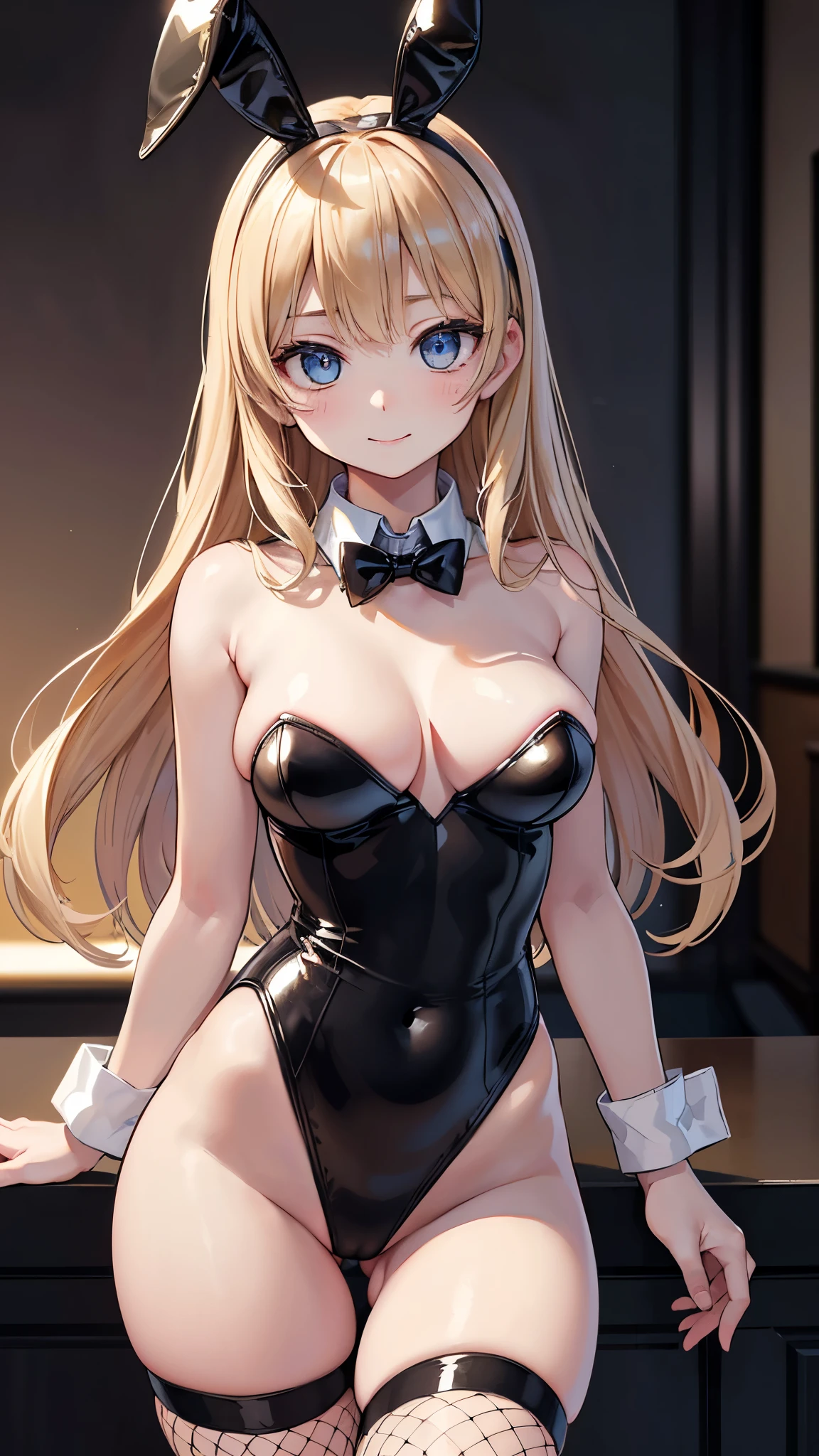 (masterpiece:1.3, Highest quality, Ultra-high resolution, Very detailed), (Realistic:1.1, photoRealistic:1.4), Beautiful illustrations, Perfect lighting,Written boundary depth, Beautiful detailsまでこだわった髪, Beautifully detailed face, Beautiful details, Beautiful clavicle, Beautiful body, Beautiful and juicy breasts, Beautiful thighs, Beautiful feet, View your viewers, 1 Girl,Perfect Face, (Perfect Anatomy, Anatomically correct), Cute and symmetrical face、,(かわいいsmile, smile)、Sexy Body、(masterpiece),(Highest quality：1.3),8K,Very clear,(Ultra-realistic), One Girl,Wide Shot,((Large Breasts)),Wide Hips,Beautiful feet, Captivating woman、(masterpiece、Highest quality、Very detailedな)、((1 Girl))、とてもLarge Breasts))、Cleavage、(Official Art、Highest quality、Unity 8k wallpaper、32k、masterpiece、Ultra-detailed、Ultra-high resolution、Realisticな、Photorealistic:1.2)、(Cinema Lighting:1.2)、Fire Glow Effect、Film Grain、Best Shadow、Rim Light、Side light、(Very detailedで複雑な3Dレンダリング)、Beautiful face and eyes in every detail、 Very detailedな背景、(Very detailedな肌、Detailed skin texture:1.3)、(((Blurred bar counter)))、Glowing Skin, 20 year old beauty、Beautiful blonde hair、 Long curls、blue eyes、Small face、((Playboy))、((Bunny girl))、(((Black patent leather high cut leotard、A bow tie、cuffs)))、((Wearing fishnet stockings))、Angle from the side、Cowboy Shot