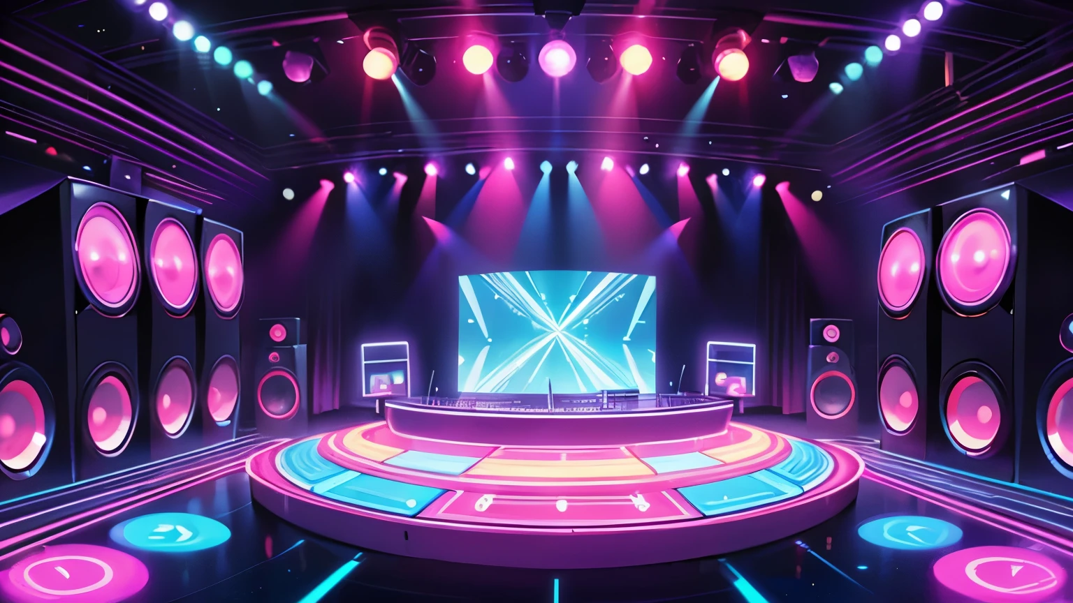 "Create a detailed 70s disco scene/80s in retro style, with mirror globes reflecting colored lights throughout the room. Huge speakers are strategically positioned, emanating a pulsating beat that fills the space with energy. Strobe lights flash to the beat of the music, creating a vibrant and electrifying atmosphere."