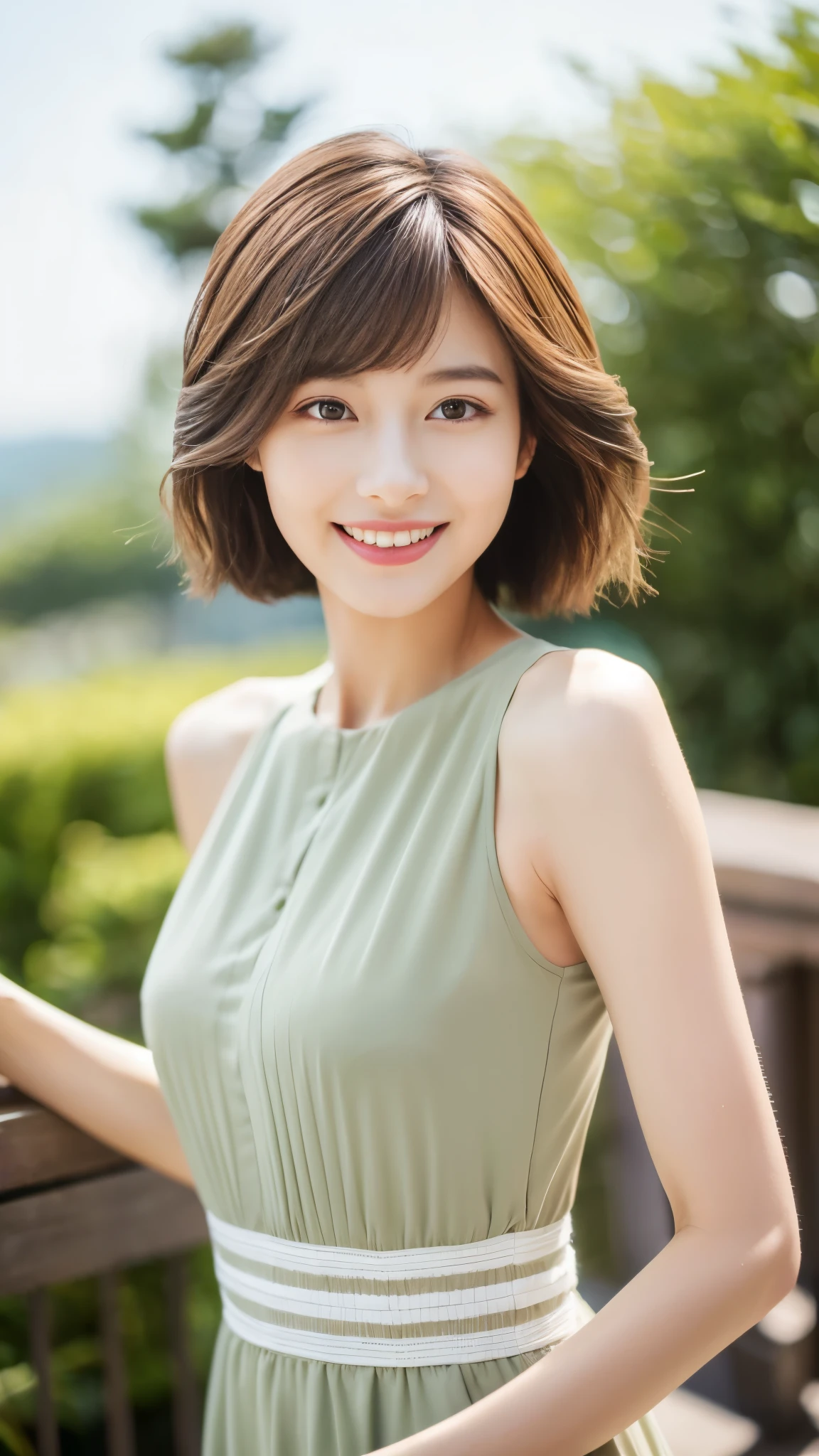 ((Best Quality, 8K, Masterpiece)), 1 Girl, Slim Abs Beauty, (Hairstyle Brown Hair Shortcut), casual Dress, Super Slender Face, Delicate Eyes, Double Eyelids, Smile, Home, Raw Photo