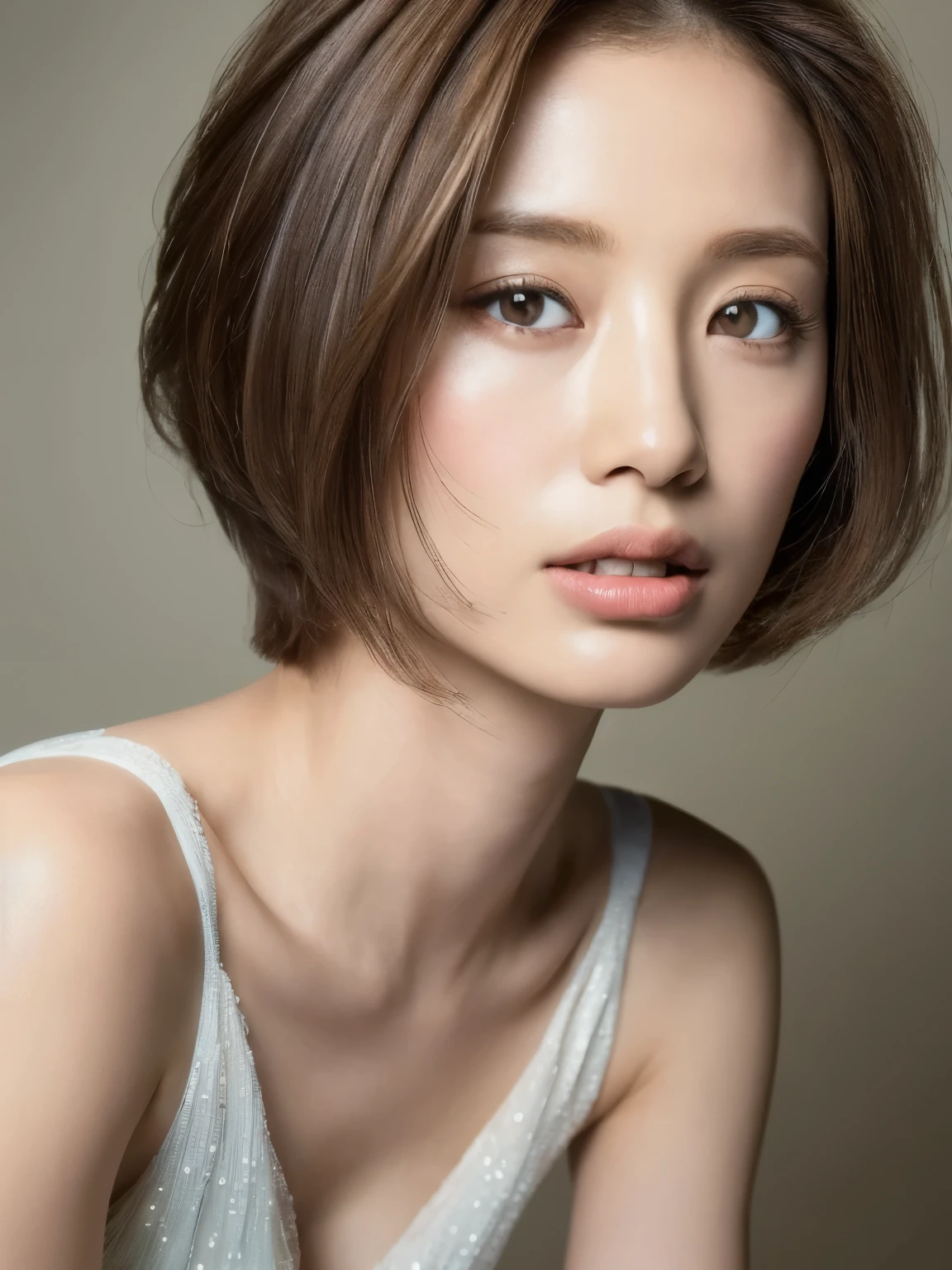((highest quality, 8K, masterpiece:1.3)), concentrate: 1.2, Perfect body beauty: 1.4, Hips: 1.2, Layered Haircut, Highly detailed face and skin texture, Delicate eyes, double eyelid, whitened skin, Long brown hair、slim、thin、Model Body Type