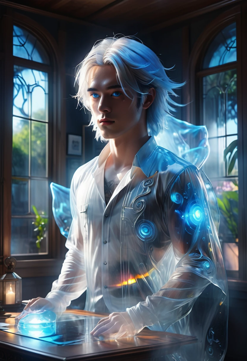 full view of a gorgeous anime male beautifulsensual,25 years old, blue pastel eyes, white wisp silky long hair pulled up, freckles, piercings and tattoo foil masterpiece neon body art, drawing on a high tech glass draft drawing table, with blue print works of luxury apartments strewn about, a ghostly, solid white whispy, smokey phantom ghoul of a handsome male stands near perfect composition of a beautiful large bay window, a garden is in view out the window, the sun shines within a gorgeous cottage structure image in 32k resolution. The scene is illuminated by an alluring backlight and a light-blue ambient light, which cast a breathtaking glow on a crystal and glass structure, that appears to be a piece of transparent, 3D, sci-fi technology.setting, glass texture, super reflective, 32 k, unreal engine 5, hyperrealistc, This technology exhibits intricate details and is super reflective. An anime-inspired high-textured glass, ultra-quality matte, yet radiates neon light. The overall image has deeply saturated complementary colors, adding a fantastical element to the overall concept art. This entire set-up appears to be an engaging splash screen for a trending Unreal Engine game. Please make this as detailed and photorealistic as possible, akin to a high-quality matte painting. detailed intricate insanely detailed, octane render trending on artstation, 32 k artistic photography, photorealistic concept art, soft natural volumetric cinematic perfect light, chiaroscuro,