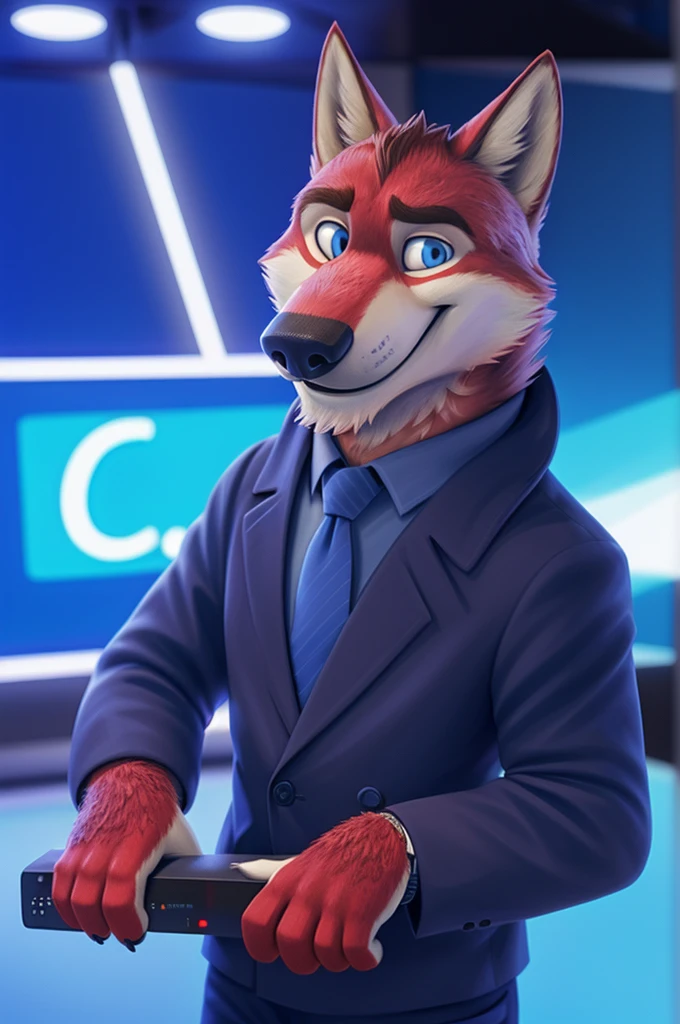 Ivan Fedorovich Wolfbach (Novosibirsk) ,tall handsome, wolf,young, 24 years, brown fur,Kind,(red body:1.3),beautiful blue eyes,Novosibirsk,dressed, Blue jacket, shirt, tie, blue pants, wolf, detailed fur, male,paw pads, finger claws,At the viewer, 5 fingers, paws, 5 fingers, smile, wrist watch, т nextel,by xenoforge, (difficult, high detail, digital photography, soft focus, RAW variety близко к камере, variety,Novosibirsk, smile, good mood, positive, Very close to the camera,presenter Moscow, TV channel Russia 1,lead photorealism, realistic, digital style, Subsurface scattering,looks at the squares, News studio, a good mood, funny,
masterpiece, Best quality, ultra realistic, 8 thousand.)