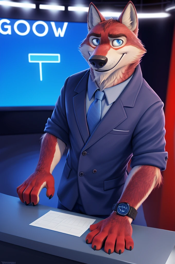 Ivan Fedorovich Wolfbach (Novosibirsk) ,tall handsome, wolf,young, 24 years, brown fur,Kind,(red body:1.3),beautiful blue eyes,Novosibirsk,dressed, Blue jacket, shirt, tie, blue pants, wolf, detailed fur, male,paw pads, finger claws,At the viewer, 5 fingers, paws, 5 fingers, smile, wrist watch, т nextel,by xenoforge, (difficult, high detail, digital photography, soft focus, RAW variety близко к камере, variety,Novosibirsk, smile, good mood, positive, Very close to the camera,presenter Moscow, TV channel Russia 1,lead photorealism, realistic, digital style, Subsurface scattering,looks at the squares, News studio, a good mood, funny,
masterpiece, Best quality, ultra realistic, 8 thousand.)