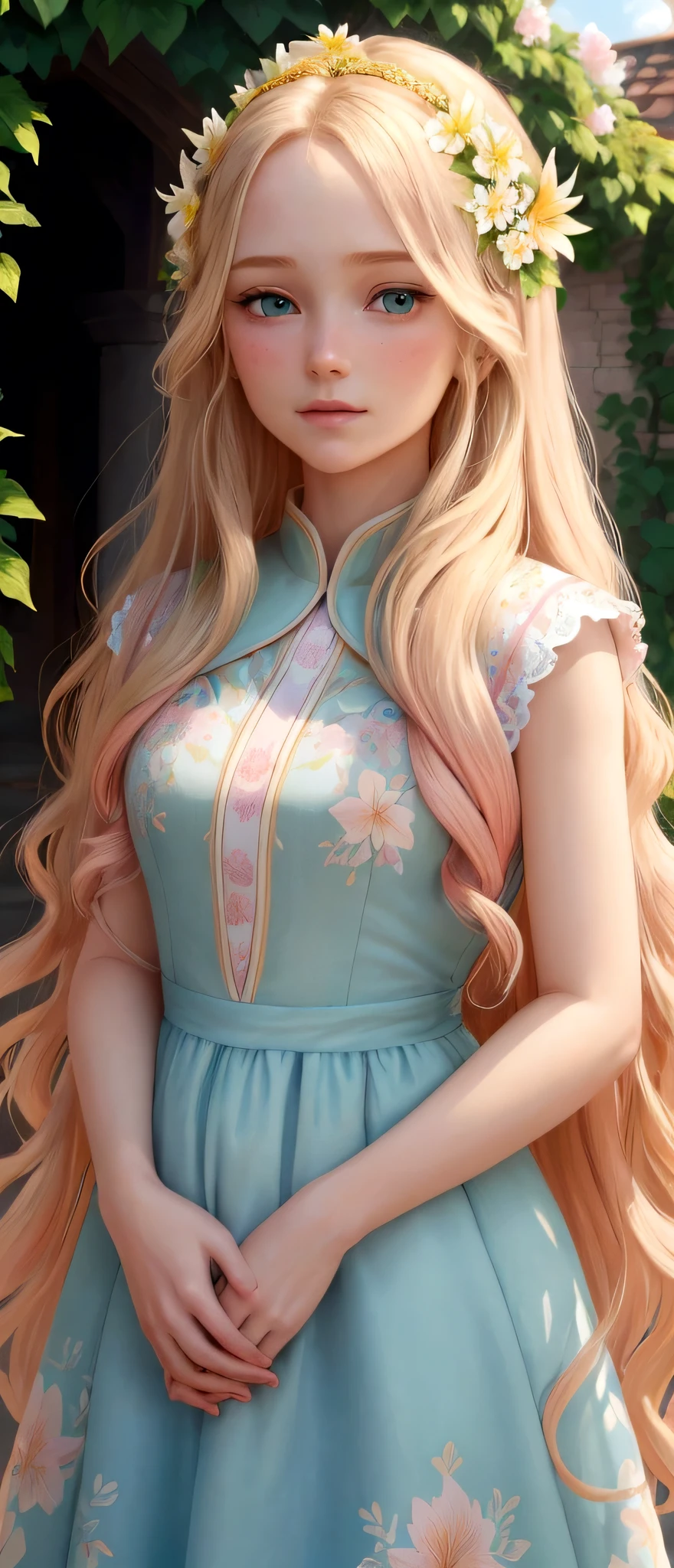 Anna, with her long, wavy blond hair, warm green eyes, and pink dress with a floral pattern, gently places a hand on Lily's shoulder. Lily, with her long blond hair, sparkling blue eyes, and light blue dress adorned with small flowers, looks up at her mother. They both look at each other with warm expressions. Behind them, the garden's vibrant colors and a clear blue sky provide a picturesque background. (good quality:1.2), (Ultradetailed:1.2), (ultradetailed face:1.2), (ultradetailed body:1.2)