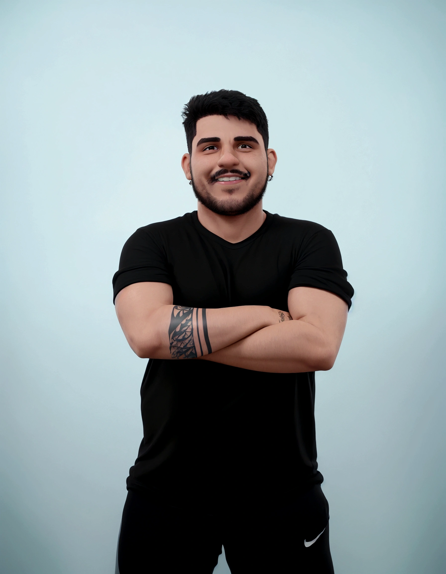 Man with a tattoo on his arm and a smile on his face, caio santos, by João Artur da Silva, david rios ferreira, powder Nándor Katona, carmelo blandino, icaro carvalho, daniel mirante, he is wearing a black t-shirt, posing with arms crossed