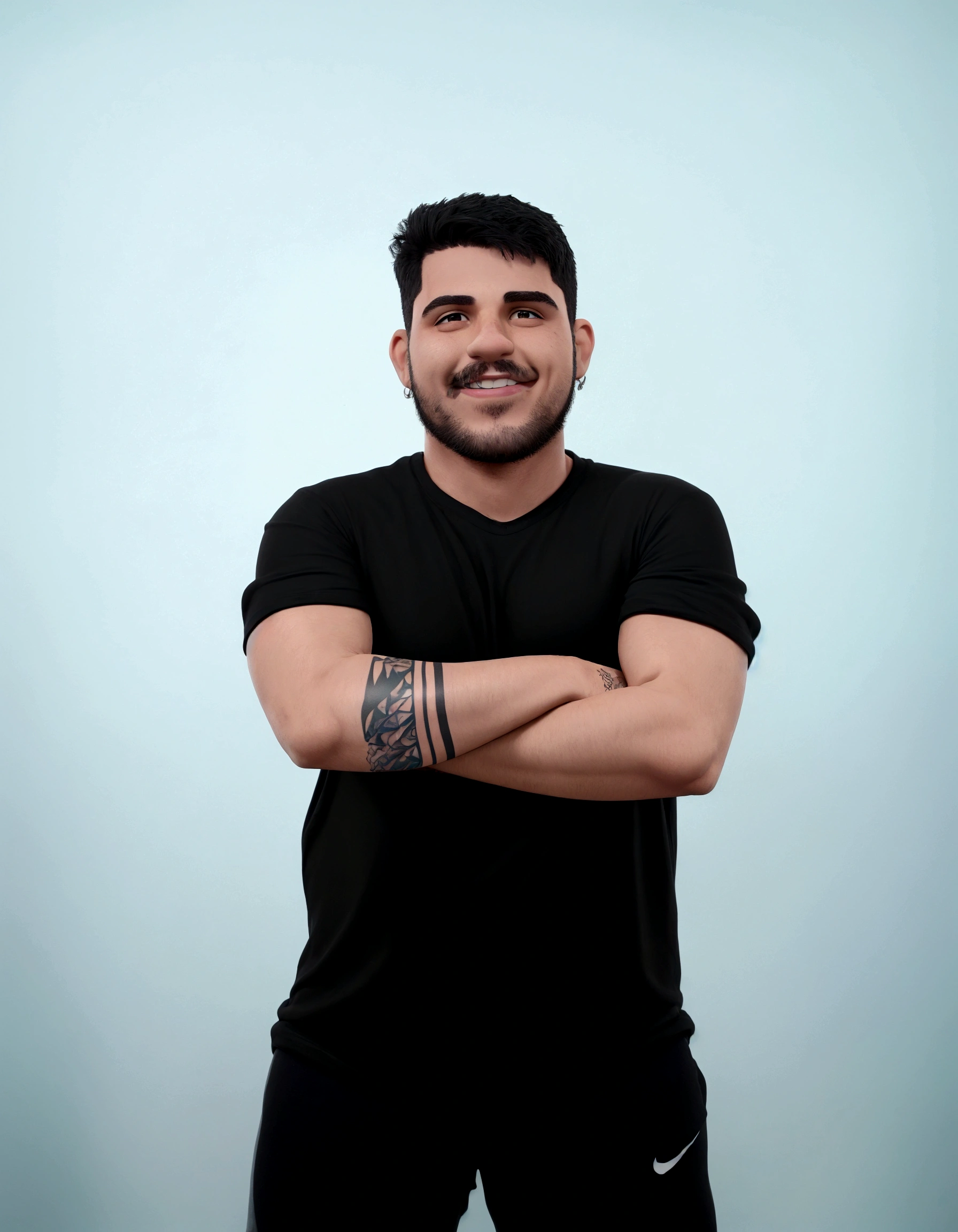 Man with a tattoo on his arm and a smile on his face, caio santos, by João Artur da Silva, david rios ferreira, powder Nándor Katona, carmelo blandino, icaro carvalho, daniel mirante, he is wearing a black t-shirt, posing with arms crossed