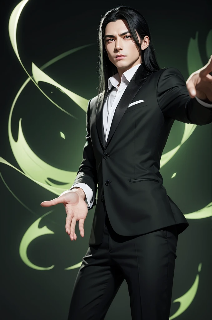 Boy shiryu long black hair outstretched hand Green eyes Business clothing Black background