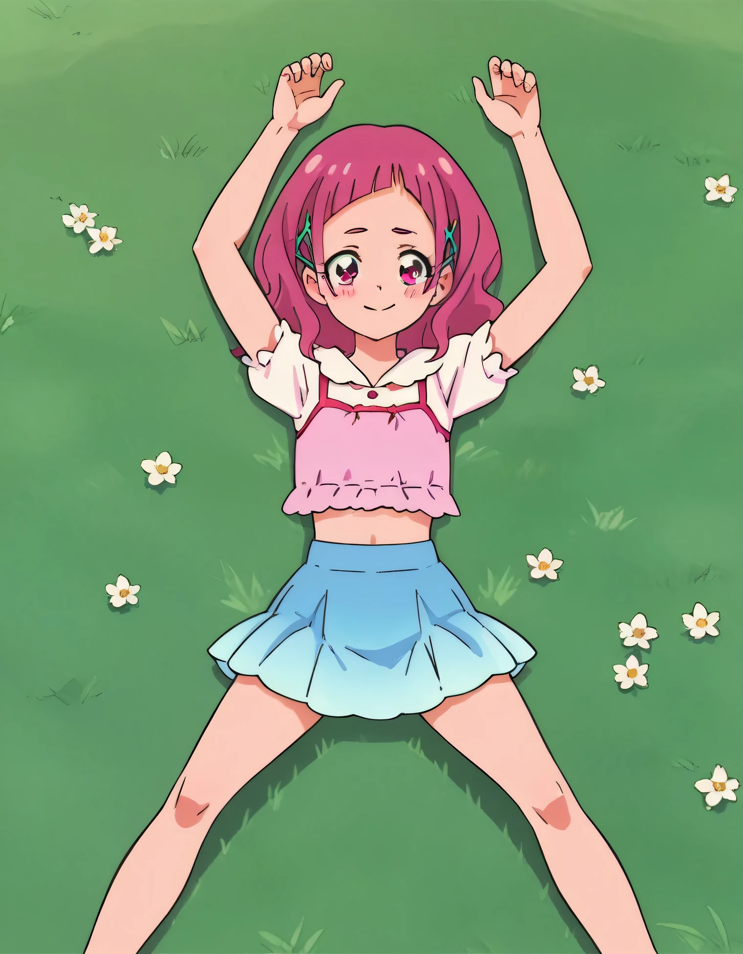 nono hana, pink eyes, pink hair, long hair, blunt bangs, hairclip, x hair ornament, layered shirt, pink shirt, short puffy sleeves, layered skirt, blue skirt, high quality, closed mouth, solo, lying, on back, on grass, arms up, spread arms, looking at viewer, best quality, medium full shot, sleeveless, closed mouth, blushing, full body, smile, spread legs, blush, 