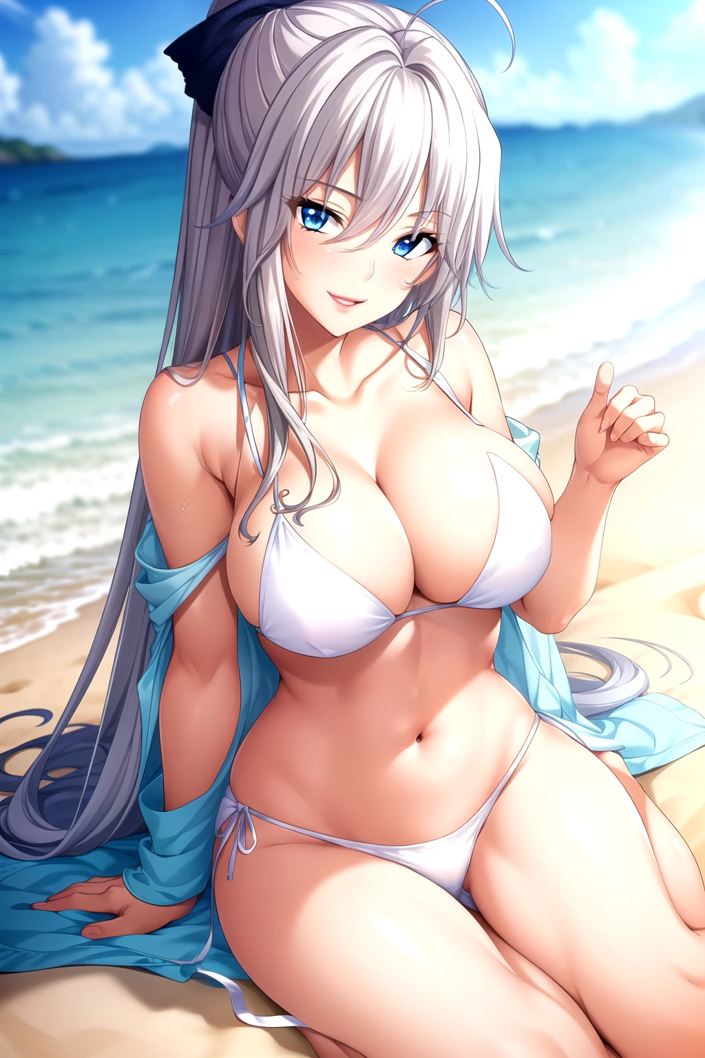 Mirajane Strauss, 25 year old woman, Long silver hair, blue eyes, happy smile, naked big breasts, naked,  drops of water on his chest,  WET BODY, is standing, in front of the viewer, whole body., background a tropical beach. perfect hands.