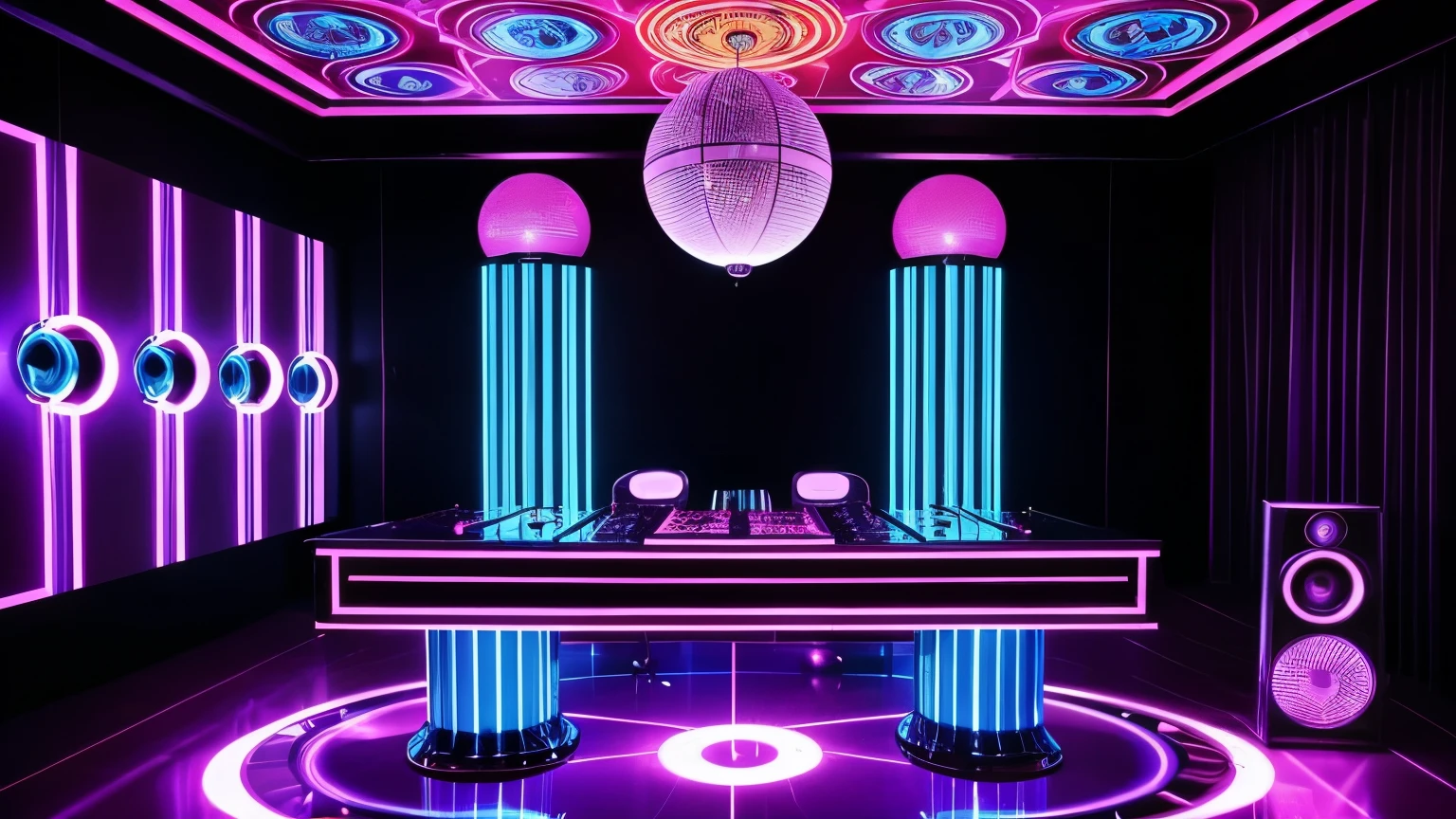 "Create a detailed 70s disco scene/80s in retro style, with mirror globes reflecting colored lights throughout the room. Huge speakers are strategically positioned, emanating a pulsating beat that fills the space with energy. Strobe lights flash to the beat of the music, creating a vibrant and electrifying atmosphere."

