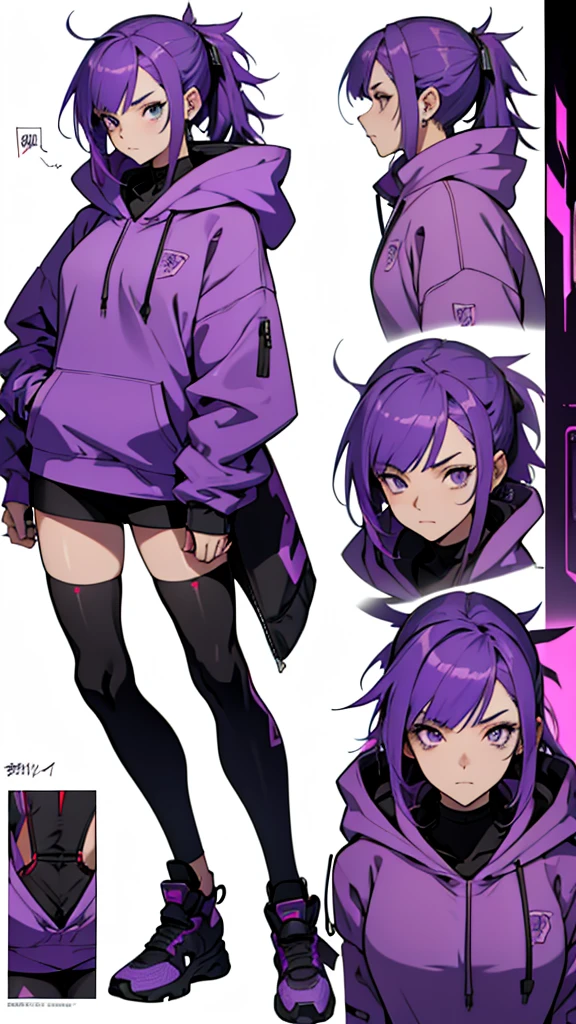 Character design sheet, Purple Hair, Purple hoodie, Self-sastructing art, Cyberpunk anime girl in a hoodie, Anime Style 4k 円, Anime Style. 8K, Anime Moe Art Style, Gweiz-style artwork
