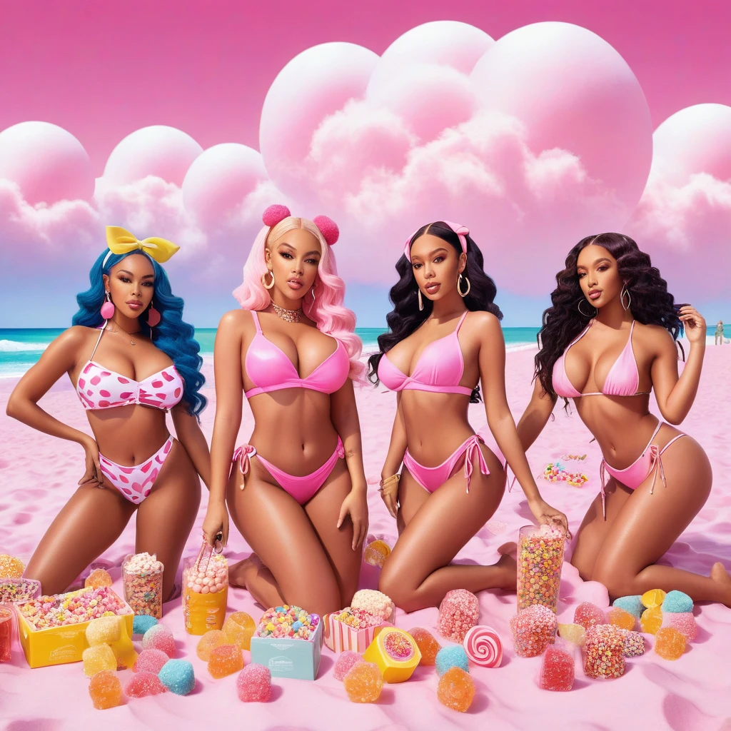 advertising poster, Promotional Photo of the Single Pop Rap CALIFORNIA GIRLS by the artist called Doja Cat, in the pink clouds dressed in bikinis, spread across the image various sweets, candies, lollipops, jellies, hair down to the feet, big ass, perfect body, landscape fantastic,