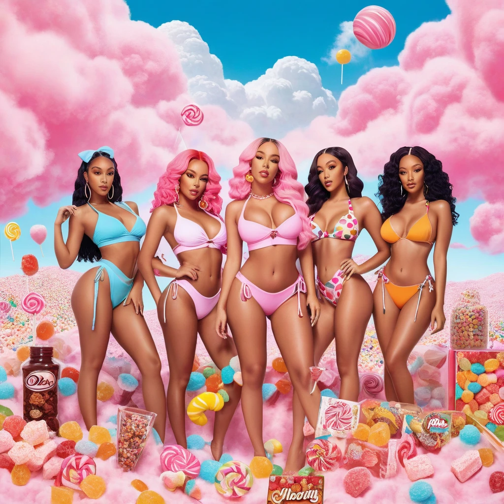 advertising poster, Promotional Photo of the Single Pop Rap CALIFORNIA GIRLS by the artist called Doja Cat, in the pink clouds dressed in bikinis, spread across the image various sweets, candies, lollipops, jellies, hair down to the feet, big ass, perfect body, landscape fantastic,