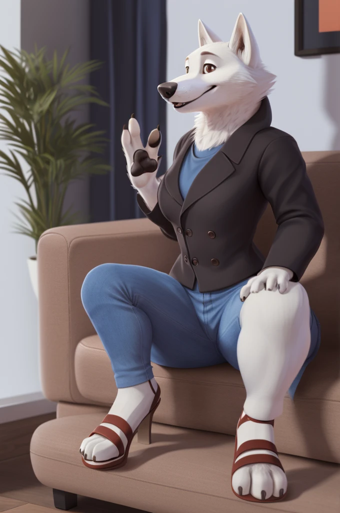 Barbara\(Moscow\), (white body:1.3), white fur, Brown eyes, Moscow, dressed, denim jacket, jeans, pink open-heeled sandals, fetish, dog, wolf, Detailed fur, Woman, breasts, anthro, paw pads , finger claws, treats guests, waving to the viewer, 5 fingers, paws, 4 toes, ring, sitting at home
BREAK from nextel, for dating, from xenoforge, (complex, high detail, film shooting, soft focus, RAW sitting at home,
Photorealism, realism, photorealism, digital style, Subsurface scattering,
masterpiece, Best quality, ultra realistic, 8k)