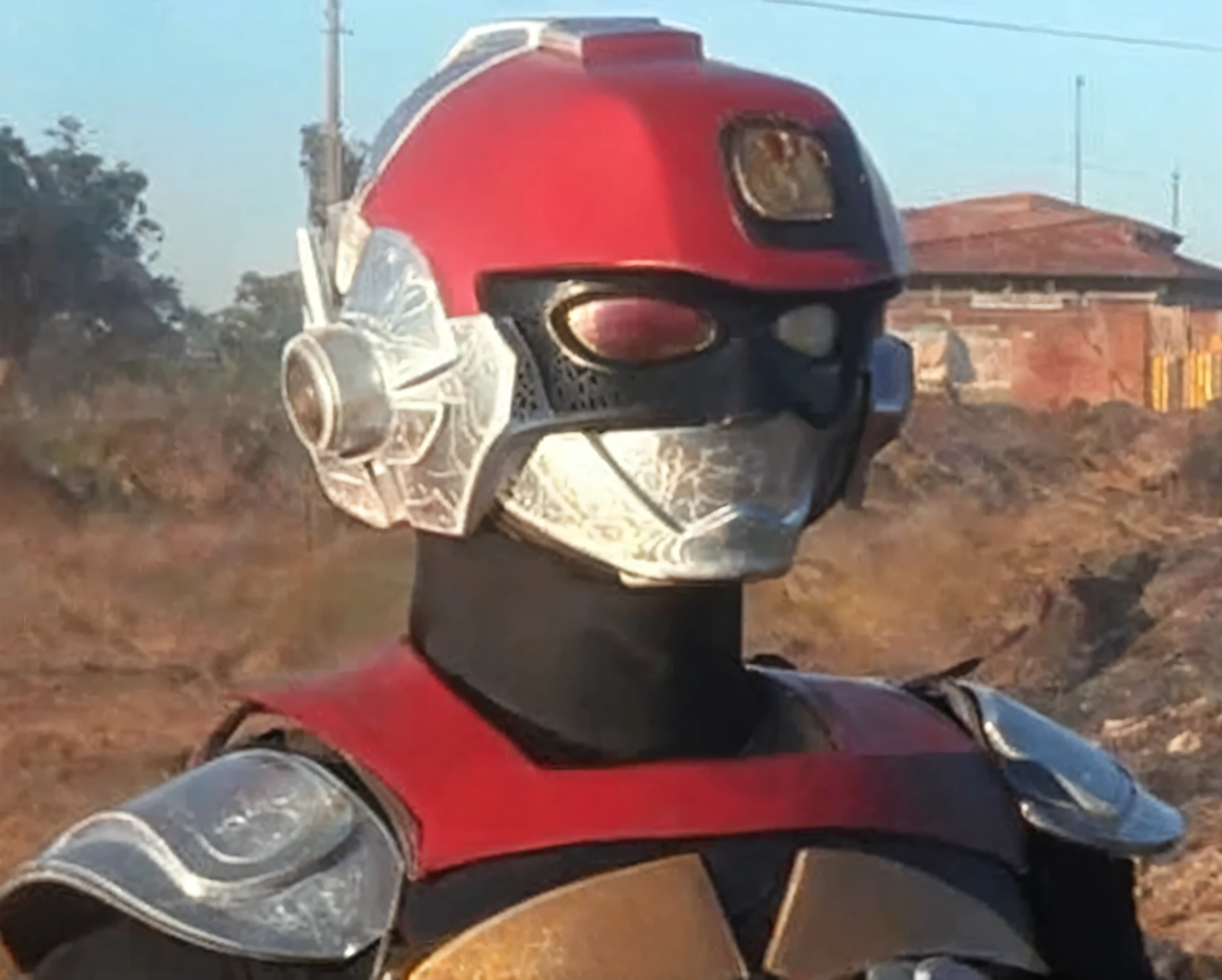 a close-up of a person wearing a red and silver costume, tokusatsu, covered in all-metal armor, kamen rider character, fourteen, high-tech red armor, kamen rider, robot metal armor, the secret seventh Power Ranger, Mazinger, kabuto, high fantasy kamen rider, zordon from Power Rangers, Power Ranger, visor over the face, chrome mask