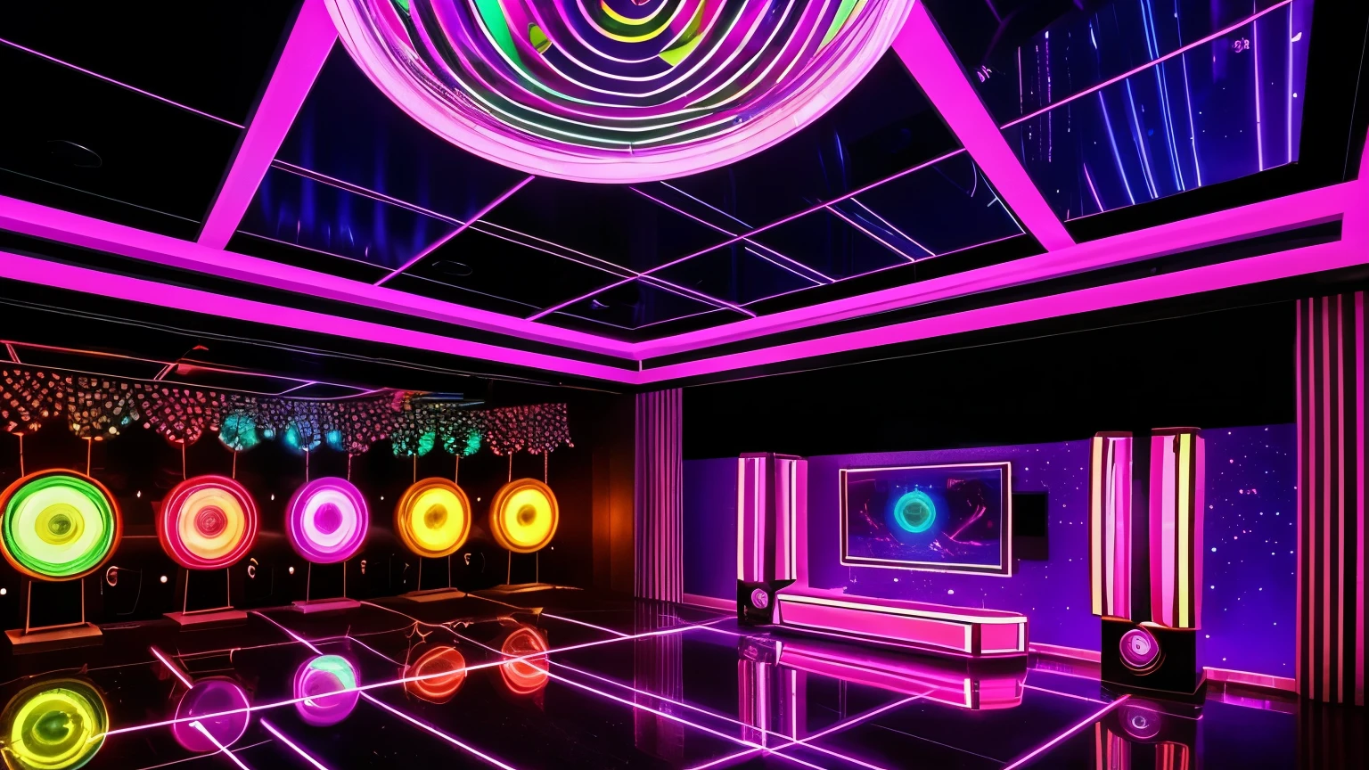 "Create a detailed 70s disco scene/80s in retro style, with mirror globes reflecting colored lights throughout the room. Huge speakers are strategically positioned, emanating a pulsating beat that fills the space with energy. Strobe lights flash to the beat of the music, creating a vibrant and electrifying atmosphere."

