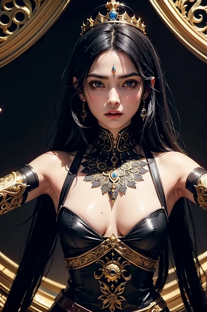 A woman with a dagger in her hand. She wears ornate, dark armor adorned with fur-lined shoulders, very small crown. Her expression is commanding, her eyes are yellow, her flowing black hair contrasting with the gotic background. Her breast are medium and squishy, thin waist