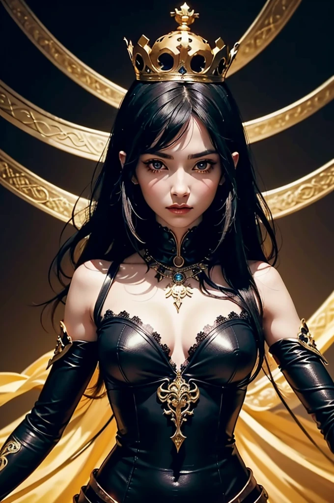 A woman with a dagger in her hand. She wears ornate, dark armor adorned with fur-lined shoulders, very small crown. Her expression is commanding, her eyes are yellow, her flowing black hair contrasting with the gotic background. Her breast are medium and squishy, thin waist