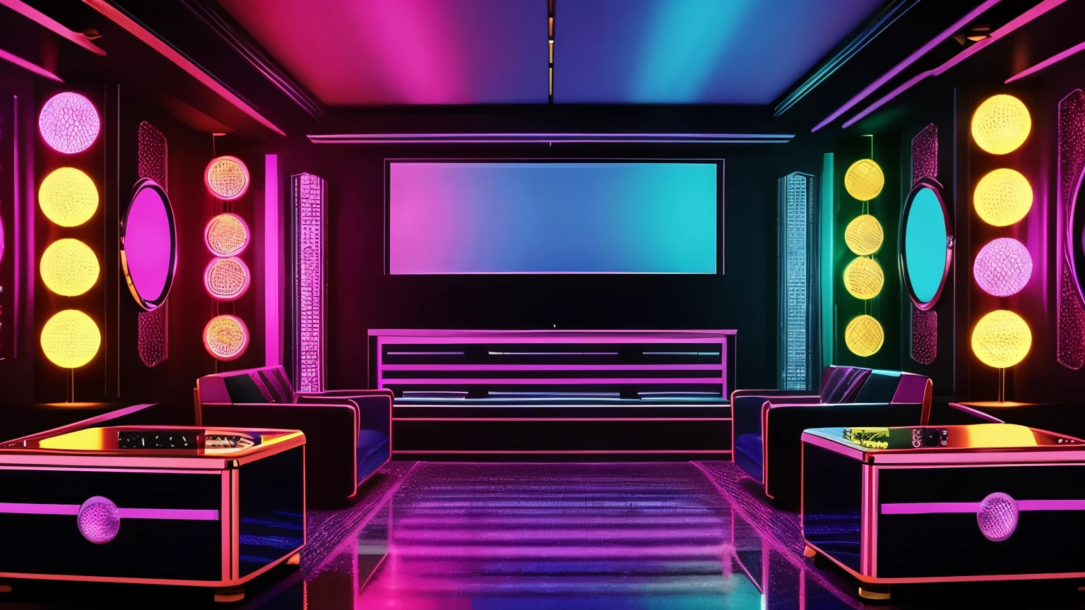 "Create a detailed 70s disco scene/80s in retro style, with mirror globes reflecting colored lights throughout the room. Huge speakers are strategically positioned, emanating a pulsating beat that fills the space with energy. Strobe lights flash to the beat of the music, creating a vibrant and electrifying atmosphere."

