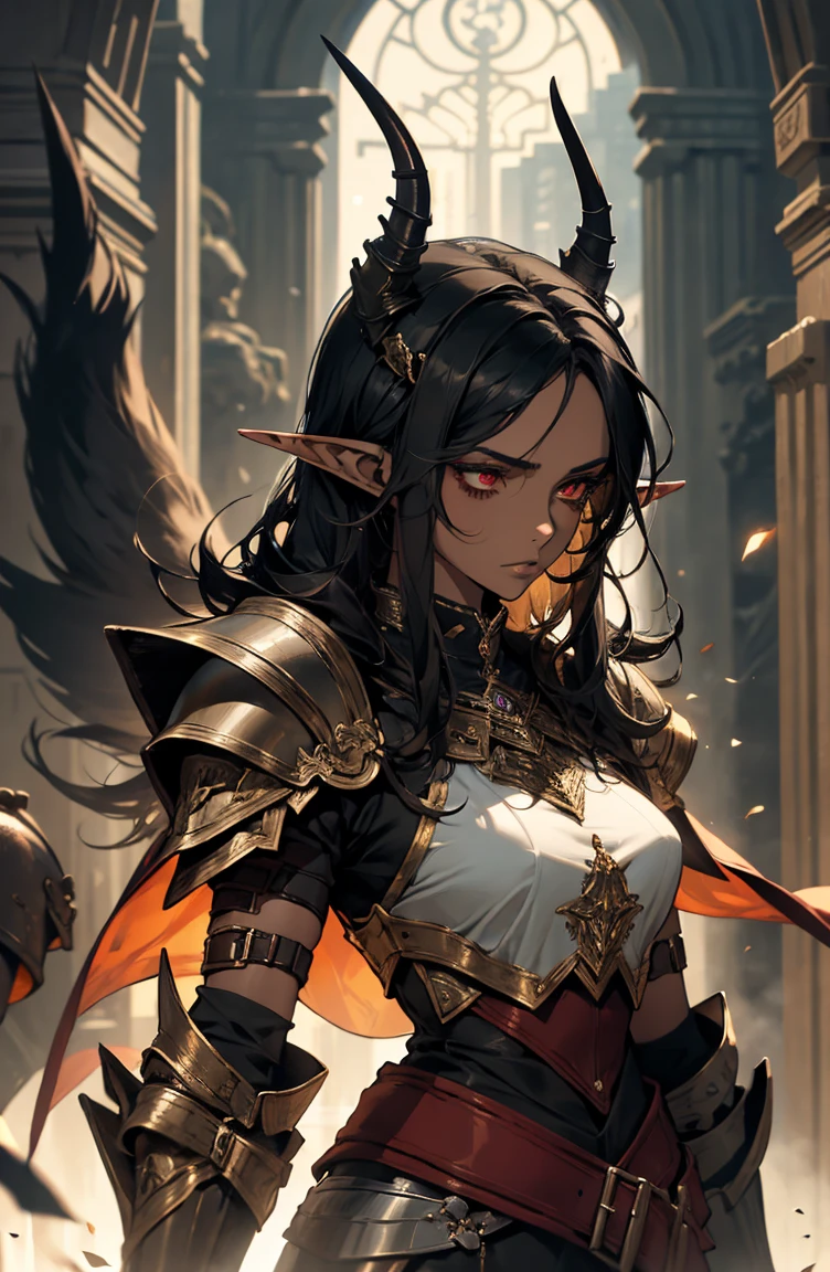 brown skin, older woman, sexy, tall, brown skin, bored, one wing, black hair, elf, elf ears, horns, red eyes, sleeveless, black armor, yellow, night, dramatic composition