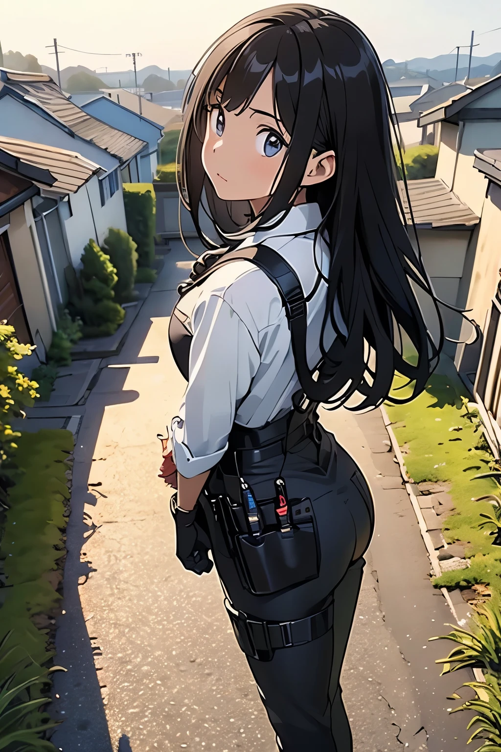 high quality, masterpiece, Ultra-high resolution, (realism: 1.4), Oil painting style, Cinema Lighting, An endless grassland dotted with a few houses, I stood on the empty asphalt road and looked at it., Fairy Mountain々was shrouded in mist, And the suspenders with the cranes flying Moderate breasts Small face holster Lying in bed Looking up Sweat belt summer 脇Sweat Black Hole Gloves suit shirt Black jacket Black trousers Leg Links ズボンにbelt holster Hands behind your back Anxious expression Looking up Anxious face profile Iron on the wrist Chain on wrist Handcuffs on wrists