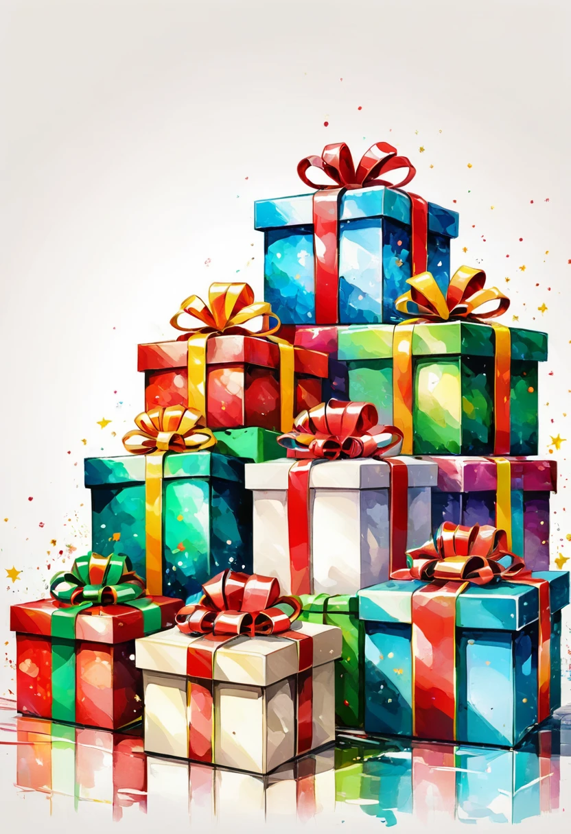 4 Christmas gift boxes stacked，Colored painting，HD，White background，8K，超HD画质，Masterpiece，Natural texture，Elegant and clear lines，