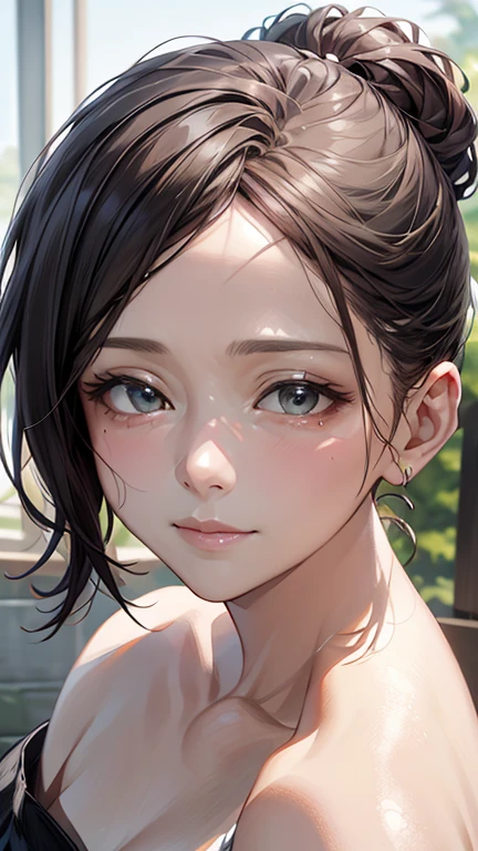 (asura art style:0.7), score_9, score_8_up, score_7_up, score_6_uppunctuation_8_High above, [ibuki satsuki:with father], standing alone, mature woman, cute, light skinned woman, hair between the eyes, Leprechaun, hot springs, Outdoor bath, vapour, really short hair, teal eyes, mascara, dark brown hair, lips, the night, side locks, long locks heart1shape-eye, [:heart shaped eyes:0.4],
