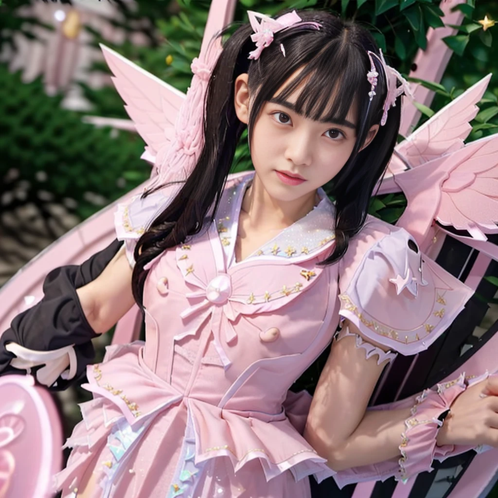 high quality, masterpiece, Very detailed, 8K, a  beautiful Japanese woman:1.5, Small face, blunt bangs, Black hair ponytail, ((Woman crucified on the cross:1.5, Breast Augmentation Surgery)), (Detailed pink magical girl heroine costume:1.5), remote_play, remote_Vibrate、　(climax:1.5)