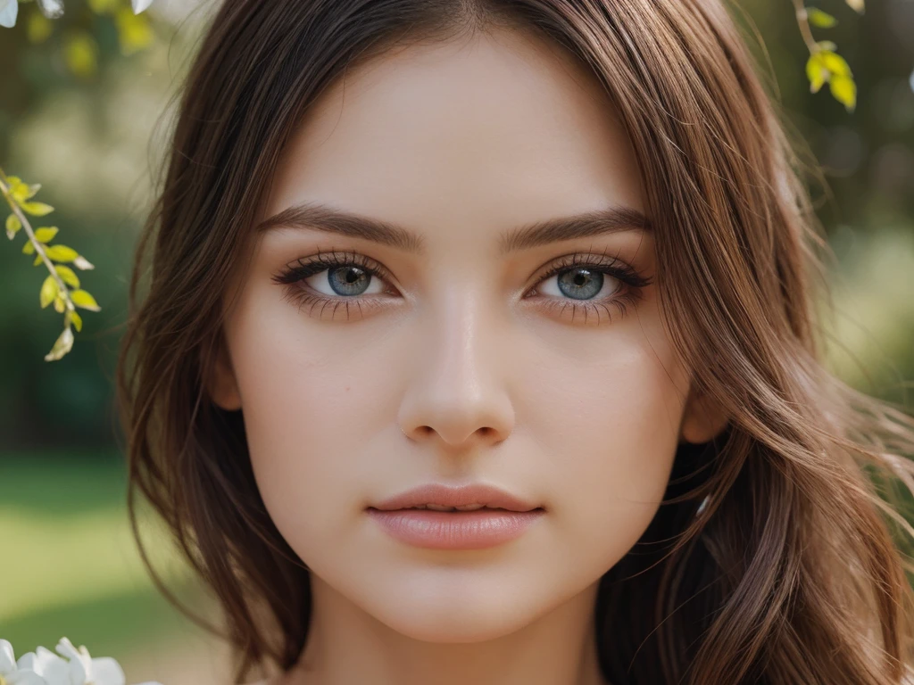 a beautiful girl, 1girl, extremely detailed eyes and face, beautiful detailed eyes, beautiful detailed lips, longeyelashes, delicate facial features, porcelain skin, graceful pose, flowing hair, detailed hair, serene expression, intricate details, elegant dress, detailed clothing, detailed background, lush garden, beautiful flowers, sunlight, warm lighting, glowing skin, photorealistic, 8k, best quality, masterpiece, ultra-detailed, realistic, vivid colors, soft focus