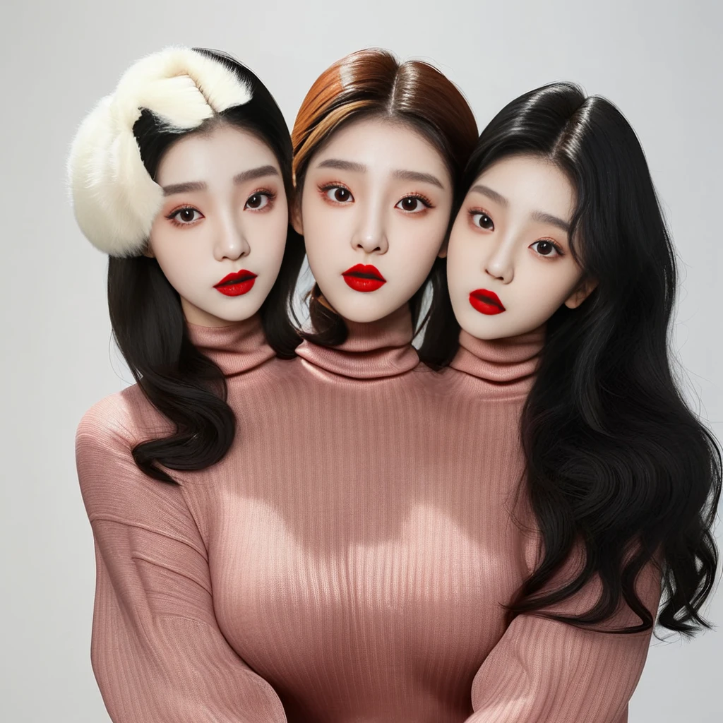 Best resolution, 2heads, young  korean woman with three heads, red lipstick sweater turtleneck, different faces