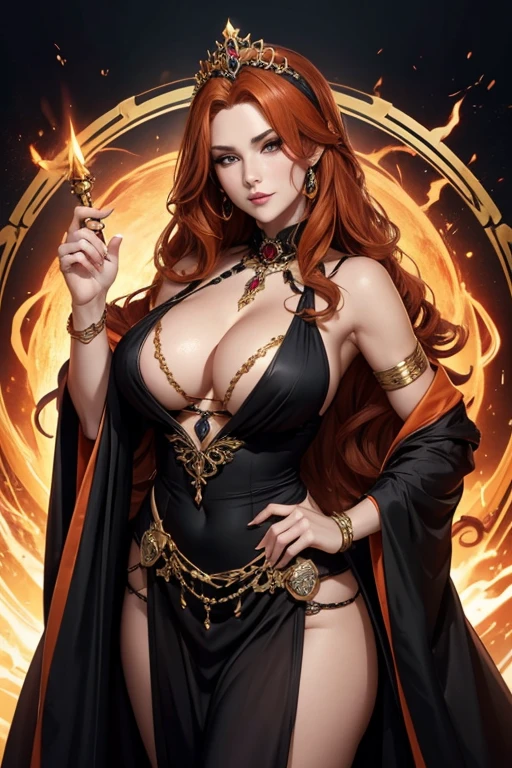 Beautiful evil sorceress milf 50 years old firm body perfect breasts face would be defined jaw black robe tiara gold bracelet drawn dark fantasy style wavy orange hair 
