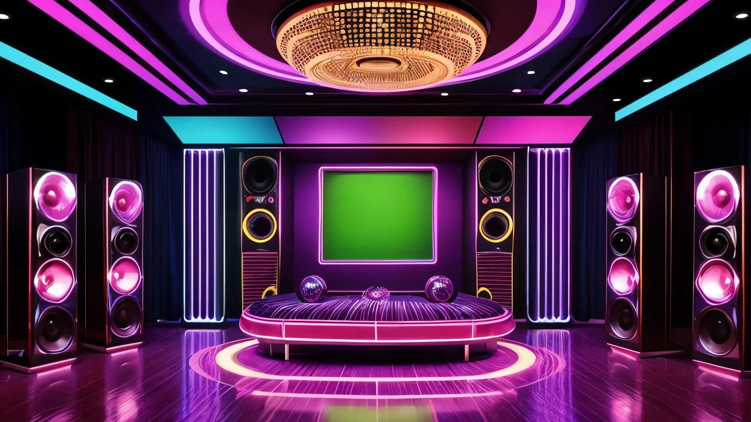 "Create a detailed 70s disco scene/80s in retro style, with mirror globes reflecting colored lights throughout the room. Huge speakers are strategically positioned, emanating a pulsating beat that fills the space with energy. Strobe lights flash to the beat of the music, creating a vibrant and electrifying atmosphere."