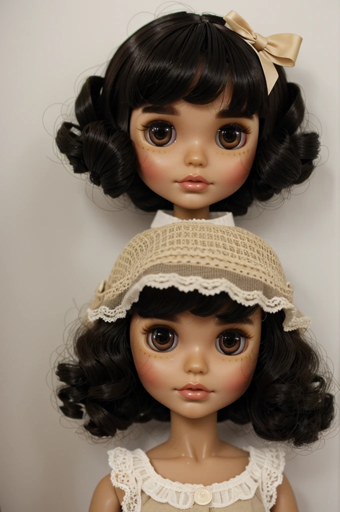 blythe doll with light tan skin color short black hair with curlers and bangs with brown eyes