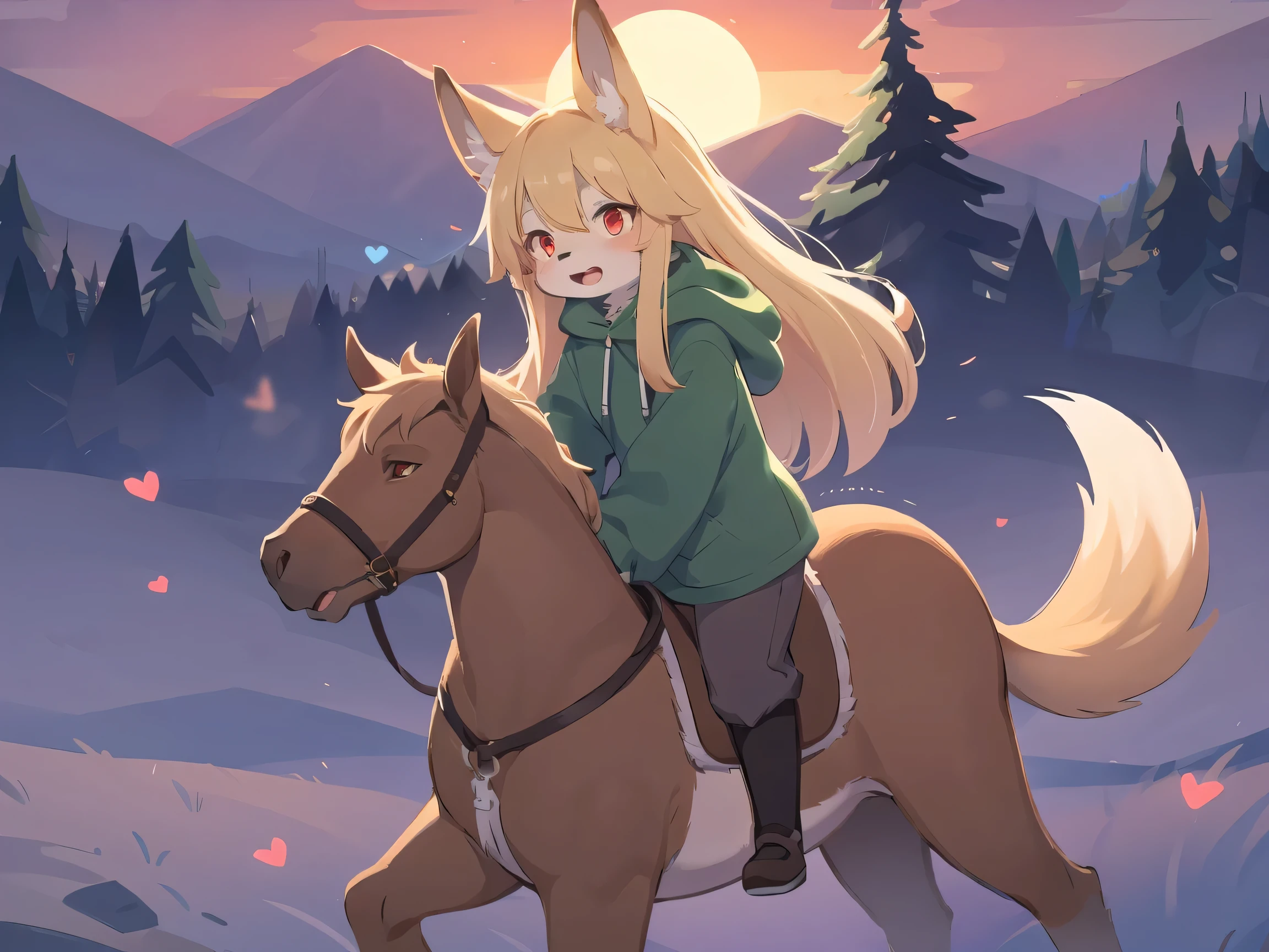 the fox, , was hairy, shaggy, skin fur, smooth lashes, golden fur, forelimb hands, straight long blonde hair, solid circle eyes, golden ears, golden fur, golden facial fur, shiny hair, red eyes, heart-shaped eyes, super cute face, 1fox tail, fluffy tail, furry tail, glowing eyes, green coat green hood down, brown trousers, riding unsaddled horse, open mouth, embarrassed, ambient light, ultra-fine fur, dashed eyes, full body, masterpiece, high quality, high-details, best quality, from front, (((solo))), twilight, sun light, red sky, rim light
