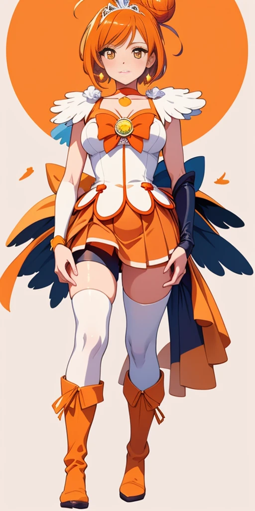 (Masterpiece, plain background:1.2, far shot view from below angle,1chica 1solo) de pie cuerpo completo, mujer madura, sunny_a, orange eyes, orange hair, single bun hair, feather hair ornament, tiara, orange choker, cure sunny costume, orange shorts under skirt, orange shorts, boots