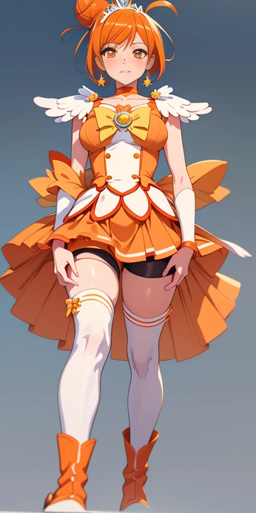 (Masterpiece, plain background:1.2, far shot view from below angle,1chica 1solo) de pie cuerpo completo, mujer madura, sunny_a, orange eyes, orange hair, single bun hair, feather hair ornament, tiara, orange choker, cure sunny costume, orange shorts under skirt, orange shorts, boots