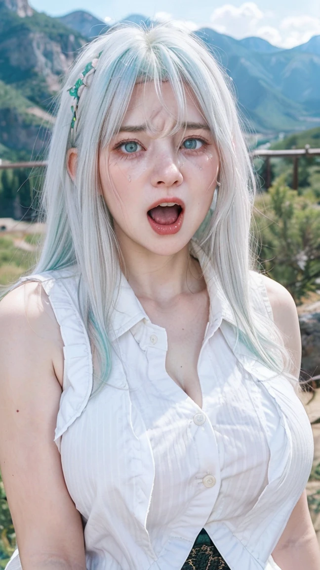 Beautiful Girl, Beautiful, Baby Face, 30 Years Old, White Skin, Big Breasts, ((Coatumes)), Pastel Colors, Green Eyes, Mountain valley background, Masterpiece, ((White hair)), Sleeveless, Front Fancing, ( (Portrait:1.1 )), ((Tear:1.2)), 2 open shirt buttons, v-shaped chest. ((cowboy shot from front)), ((she Screaming loudly in fear)).