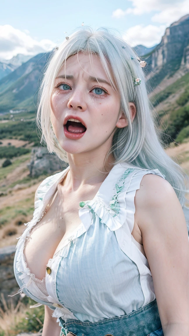Beautiful Girl, Beautiful, Baby Face, 30 Years Old, White Skin, Big Breasts, ((Coatumes)), Pastel Colors, Green Eyes, Mountain valley background, Masterpiece, ((White hair)), Sleeveless, Front Fancing, ( (Portrait:1.1 )), ((Tear:1.2)), 2 open shirt buttons, v-shaped chest. ((cowboy shot from side)), ((she Screaming loudly in fear)).