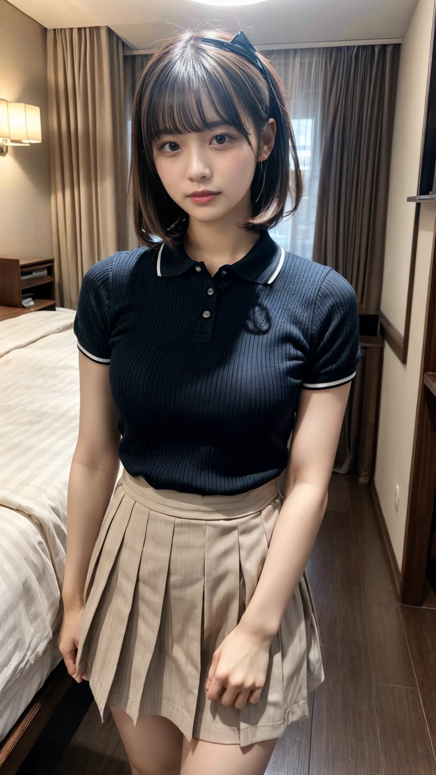 masterpiece, best quality, illustration, Super detailed, fine details, High resolution, 8K,wall paper, perfect dynamic composition,(Details High quality, realistic depiction of eyes:1.3), short hair, (wavy hair:1.2),  (Polo shirt with collar), pleated skirt, Layered Cut, black hair color, Big Natural Color Lip, hotel room, crying a little、Harajuku style、20 year old girl、cute type、lolita, Gravure Idol, full body photo、focus on crotch, huge breasts