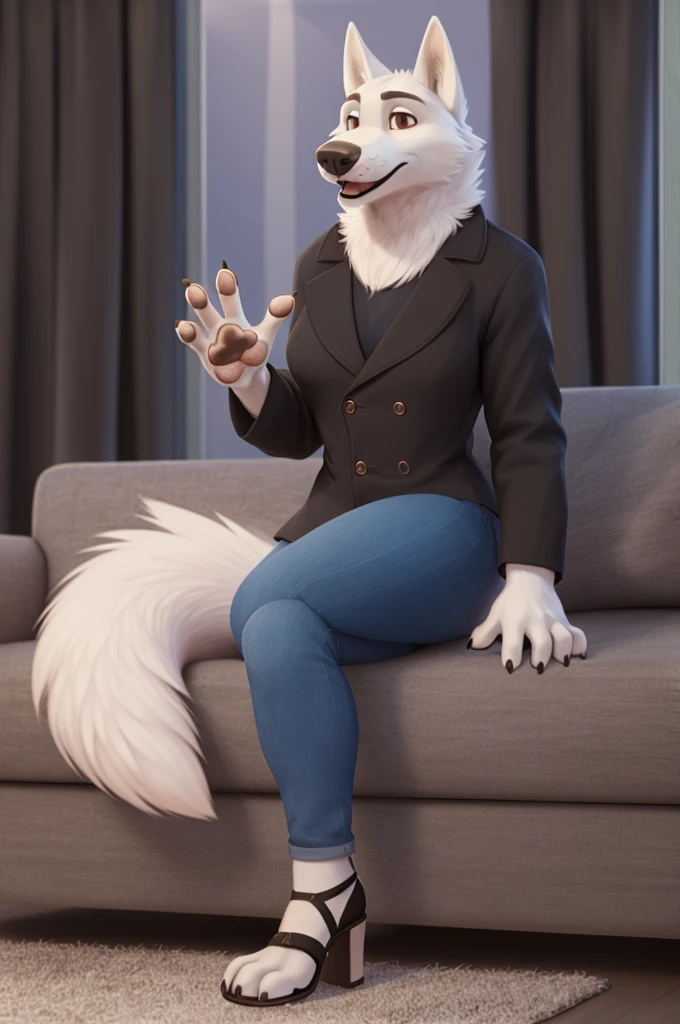 Barbara\(Moscow\), (white body:1.3), white fur, Brown eyes, Moscow, dressed, denim jacket, jeans, pink open-heeled sandals, fetish, dog, wolf, Detailed fur, Woman, breasts, anthro, paw pads , finger claws, treats guests, waving to the viewer, 5 fingers, paws, 4 toes, ring, sitting at home
BREAK from nextel, for dating, from xenoforge, (complex, high detail, film shooting, soft focus, RAW sitting at home,
Photorealism, realism, photorealism, digital style, Subsurface scattering,
masterpiece, Best quality, ultra realistic, 8k)