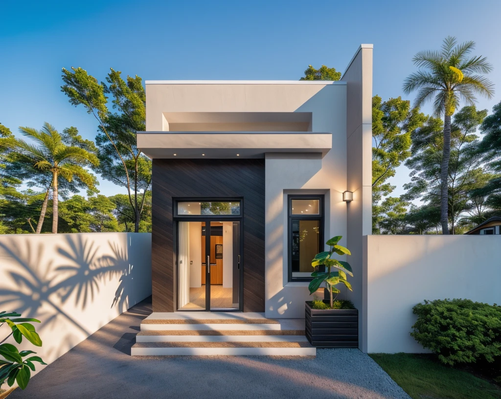 1 morden house, cofe space:1.4, main material by white wall and wood, large yard, 1 road runs in front of the house,  (RAW photo, real, best quality, masterpiece:1.2), look morden minimalist, 1 road in front of the house, shime ring light, light brighteness from indoor:1.2, dynamic lighting:1.3, (hyper realistic, photo-realistic:1.2), high quality, (dark lighting:1.2), perfect lighting, archdaily
