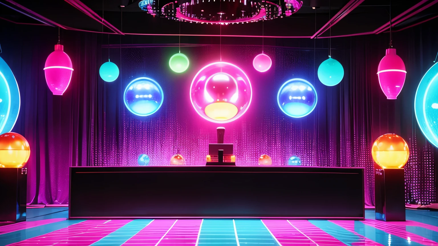 "Create a detailed 70s disco scene/80s in retro style, with mirror globes reflecting colored lights throughout the room. Huge speakers are strategically positioned, emanating a pulsating beat that fills the space with energy. Strobe lights flash to the beat of the music, creating a vibrant and electrifying atmosphere."

