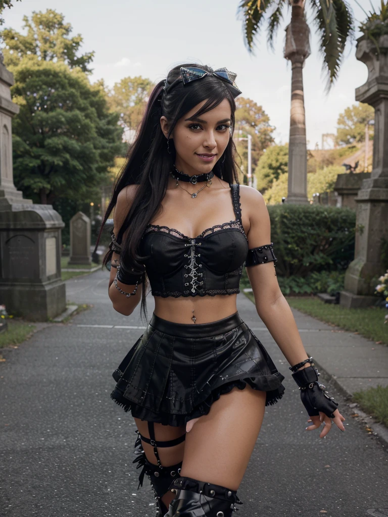 8k, raw photo, very realistic, realistic photo of sexy stylish female model, only 1 female, ((doll-like appearance)), long dramatic stylish hair, ((shiny Punk-Style boots)), (big smile), ultra detailed eyes, Punk makeup, lipgloss, ((sexy Punk Lolita cosplay)), ((skinny, tanned skin)), ((photo from the side)), ((sexy pose)), unconventional skirt, petticoats, high neckline, ((ultra detailed lace)), ((ultra detailed embroidery)), intricate details, tartan patterns, safety pins, Punk Lolita accessories, Punk Lolita choker, ((large sparkling Punk Lolita jewelry)), cinematic light, detailed cemetery background with graves