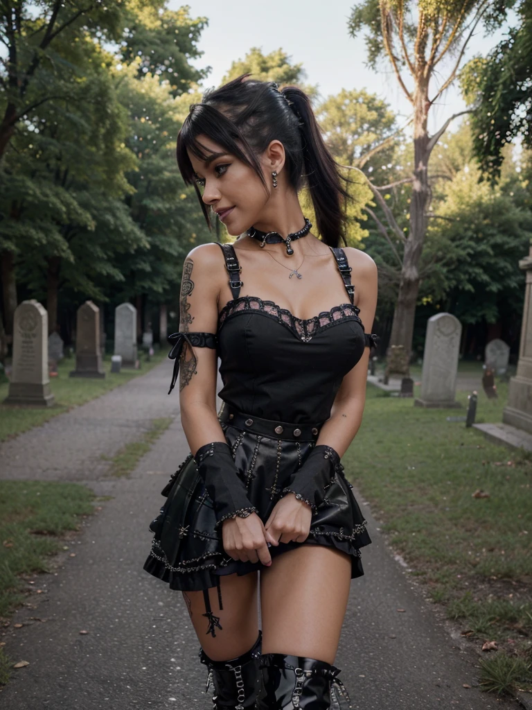 8k, raw photo, very realistic, realistic photo of sexy stylish female model, only 1 female, ((doll-like appearance)), long dramatic stylish hair, ((shiny Punk-Style boots)), (big smile), ultra detailed eyes, Punk makeup, lipgloss, ((sexy Punk ta cosplay)), ((skinny, tanned skin)), ((photo from the side)), ((sexy pose)), unconventional skirt, petticoats, high neckline, ((ultra detailed lace)), ((ultra detailed embroidery)), intricate details, tartan patterns, safety pins, Punk Loliccessories, Punk Lolita cr, ((large sparkling Punk Lolita jewel, cinematic light, detailed cemetery background with graves