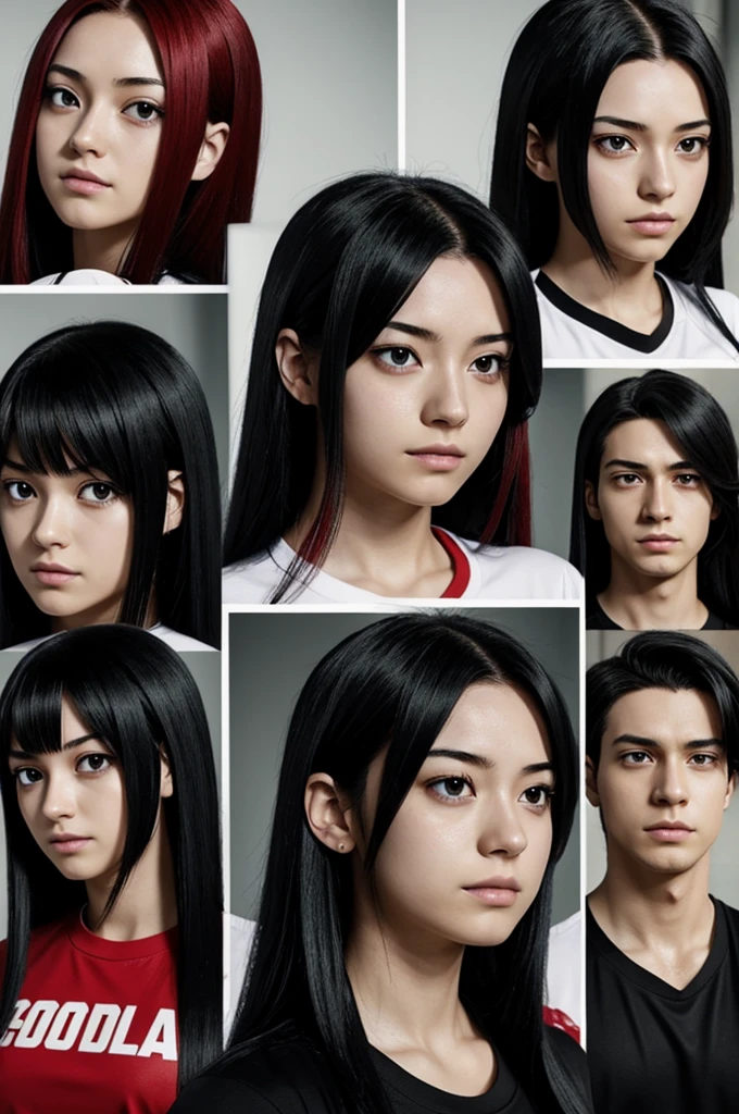 Screenshots my hero academia.
Long black straight hair girl with red locks, He has black eyes with a small red glow., He has a serious expression, is in profile, He is wearing a black t-shirt