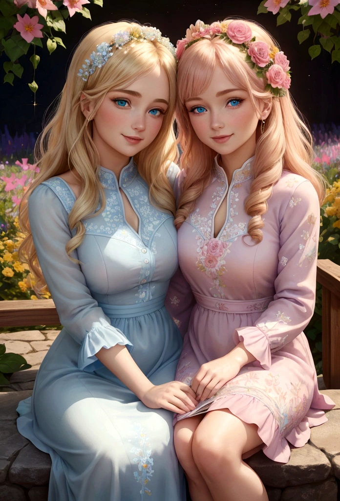 Lily, with her sparkling blue eyes and light blue dress, excitedly shows Anna a page from her book. Anna, with her wavy blond hair, warm green eyes, and pink floral dress, leans in closer, her own eyes shining with interest. They both smile, creating a beautiful mother-daughter moment. The garden's flowers, in shades of red, yellow, and purple, create a stunning backdrop. (good quality:1.2), (Ultradetailed:1.2), (ultradetailed face:1.2), (ultradetailed body:1.2)