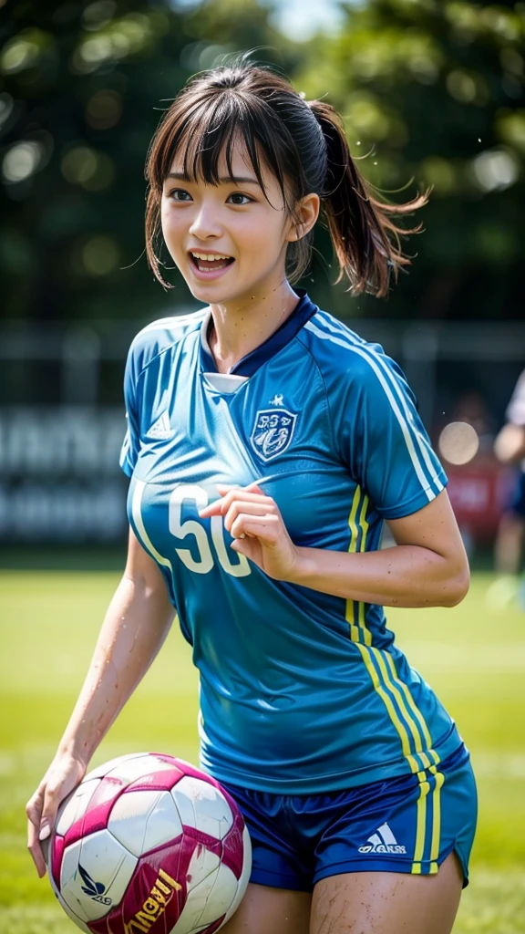 Highest quality, High resolution:1.2, Super detailed, Realistic:1.3, ((Beautiful woman))、Big Breasts、Vibrant colors, play soccer,((blunt bangs))、Has bangs、Wet Hair, Concentration, Splash, Action Shots, Grass blotches, Muddy ground, Wet turf, Decide, Fast-paced games, Athletic physique, Shiny soccer ball, Wet Uniform, raindrop, Blurred motion, Focus on the ball, Intense competition, Skillful dribbling, Energetic play, Teamwork, powerful shoots, Wet pitch, Passionate sports, Fierce Decide, Humid atmosphere, Fluid movement, emotional expression, Difficult conditions, Dramatic lighting, Women's Sports, Avid athletes, Exciting Games, endure, Excited state, Speed and agility, Energetic play, 濡れたSplash、smile、