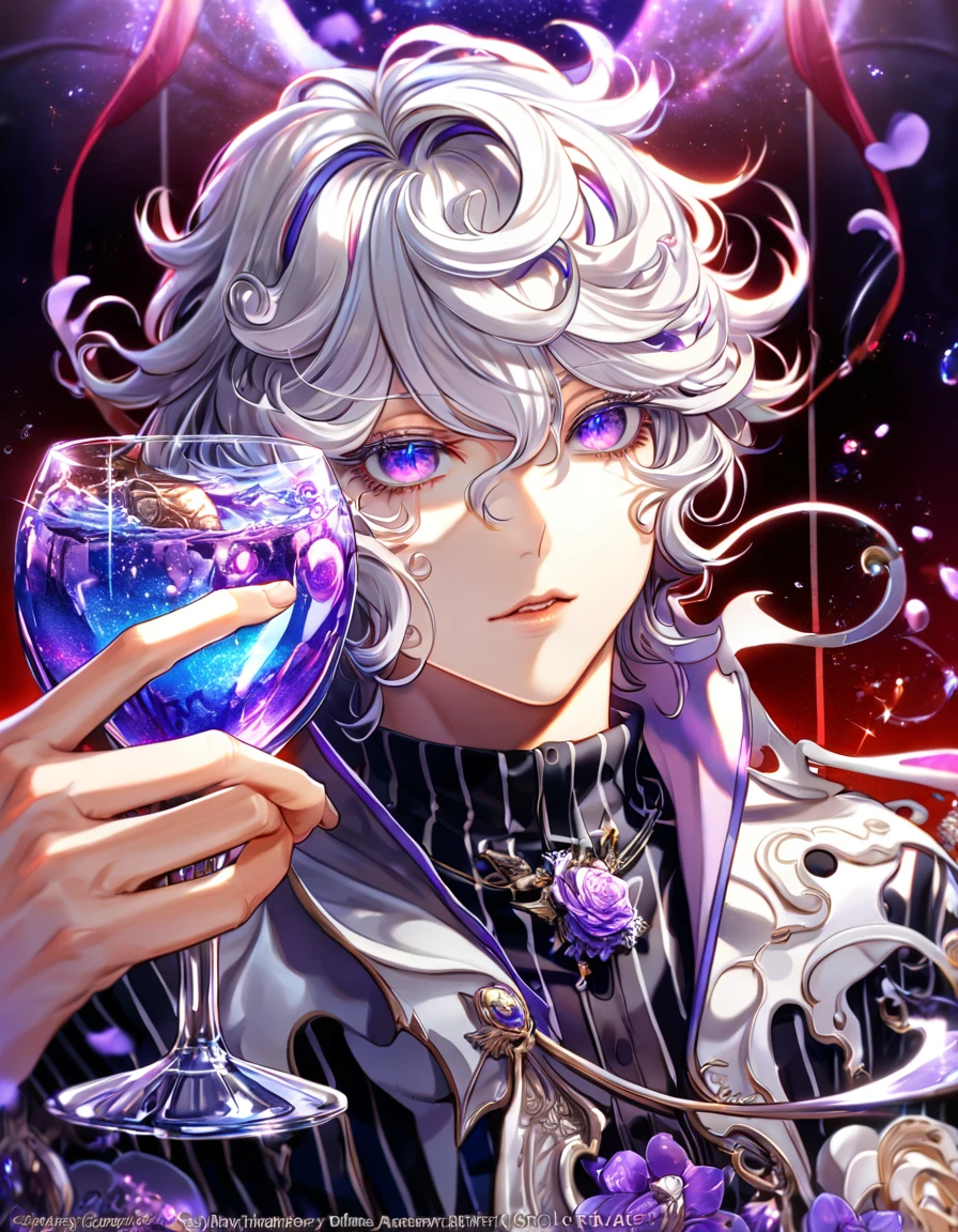 absurdres, highres, ultra detailed, HDR, master piece, best quality, extremely detailed, Alcor, white curly hair, expressive purple eyes, white eyelashes, Devil Survivor, solo, sexy man, handsome, red and black striped shirt, magical, fantasy, glittering, sparkling, glass, purple flowers, purple petals, water, purple moon