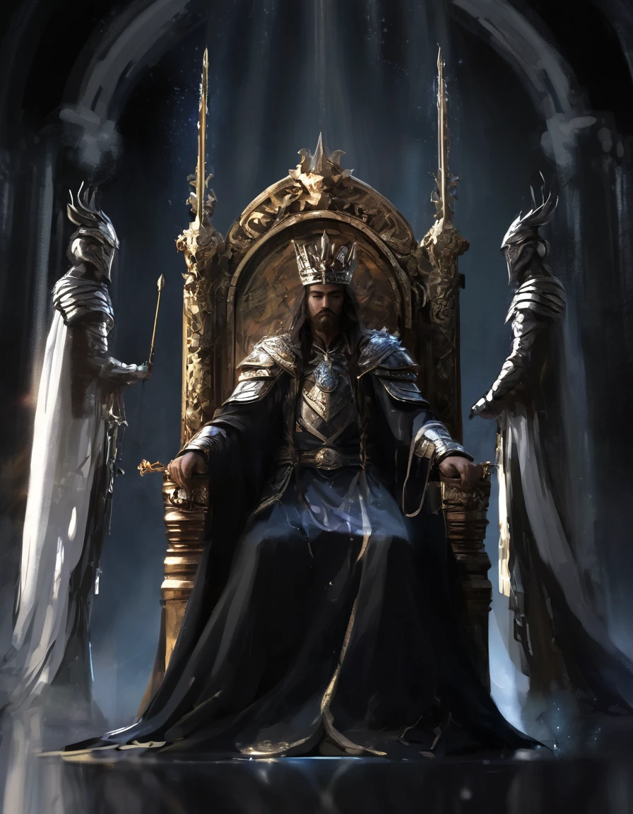 Kindly, Generate an image of an imposing MAN wearing a crown on his head, Sitting authoritatively on a special throne，This throne is located in the center of the radiant cross. He wears a white cloak，Flow around him, Adding a touch of mystery to his figure. In one of your hands, He held a staff that looked majestic. The whole scene takes place during the day, The cobblestone streets cast deep shadows. Around the throne, holy light, Crackling and shining;, Cast a sinister glow around you. His glow disturbed the whole scene。Around the throne，Standing are four Valkyries with different looks and figures, full of divinity，Fence the throne，The combination of daylight and flame creates dramatic contrasts, Revealing the details of the throne, 3d