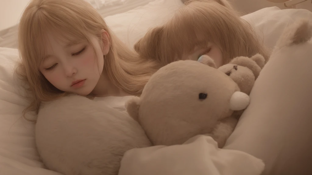 1girl, With stuffed bear, eyes closed. blush, perfect illumination, gold hair, unreal engine, side lighting, detailed face, bangs, light skin, simple background, dark background, bed, sleep, <la:makimaChainsawMan_v10:0.35